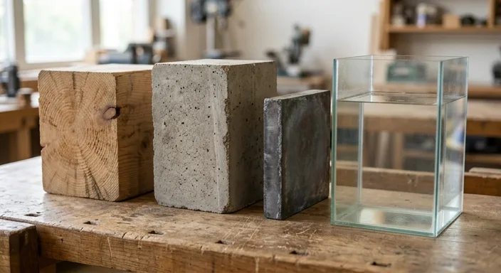 Physical blocks of pine wood, concrete, lead, and a water tank demonstrating relative thickness needed for radiation shielding.