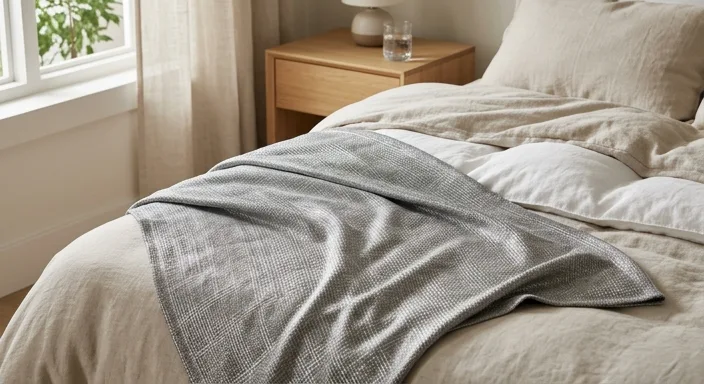 A close-up of a high-quality silver-threaded radiation blanket neatly arranged on a cozy modern bed with soft natural lighting.