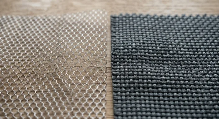 Close-up comparison of shimmering silver-lined mesh fabric next to a dense, matte gray steel-fiber woven radiation shielding material.