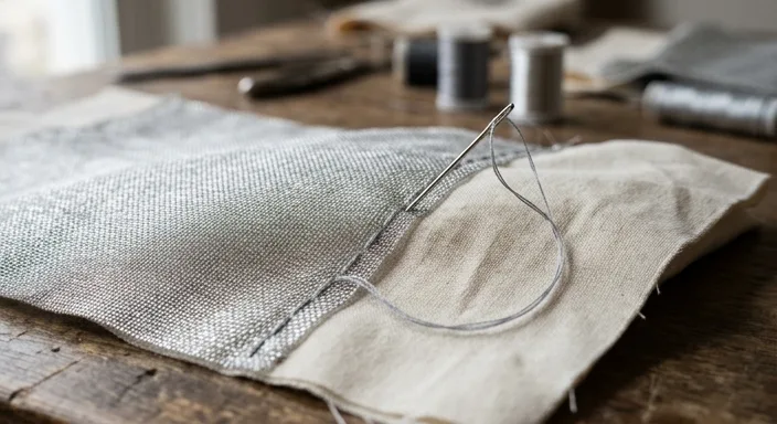 Close-up of metallic silver conductive mesh fabric being sewn onto a soft organic cotton backing on a wooden table.