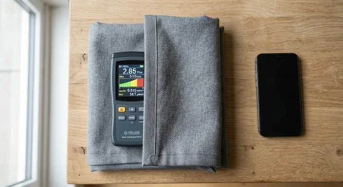 An overhead view of a digital EMF meter placed under a folded grey radiation shielding blanket with a smartphone nearby on a wooden table.
