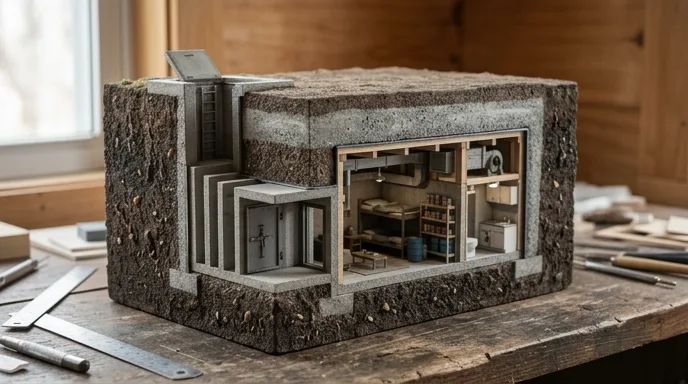 An architectural model showing a cross-section of shelter layers including soil, concrete, and lead shielding.