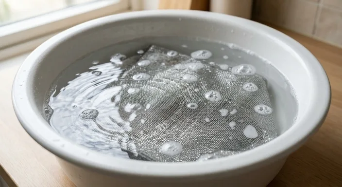 Close-up of silver-threaded radiation shielding fabric being washed in a white basin with water and soap bubbles.