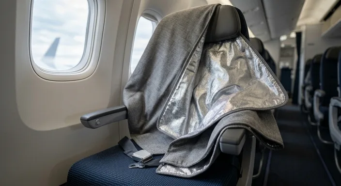A high-quality silver-lined EMF shielding blanket draped over an airplane window seat to show placement.