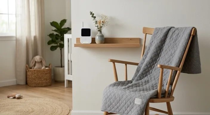 A baby monitor on a wooden shelf next to a gray shielding blanket draped over a rocking chair in a bright nursery.