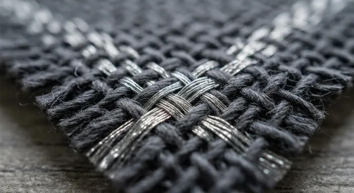 Macro close-up of silver conductive threads woven into a dark fabric matrix, demonstrating the Faraday cage grid structure.
