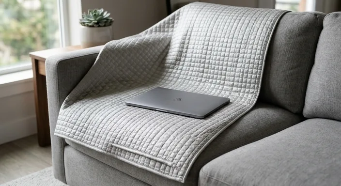 A high-quality EMF protection blanket layered on a sofa under a laptop to illustrate a physical barrier against radiation.